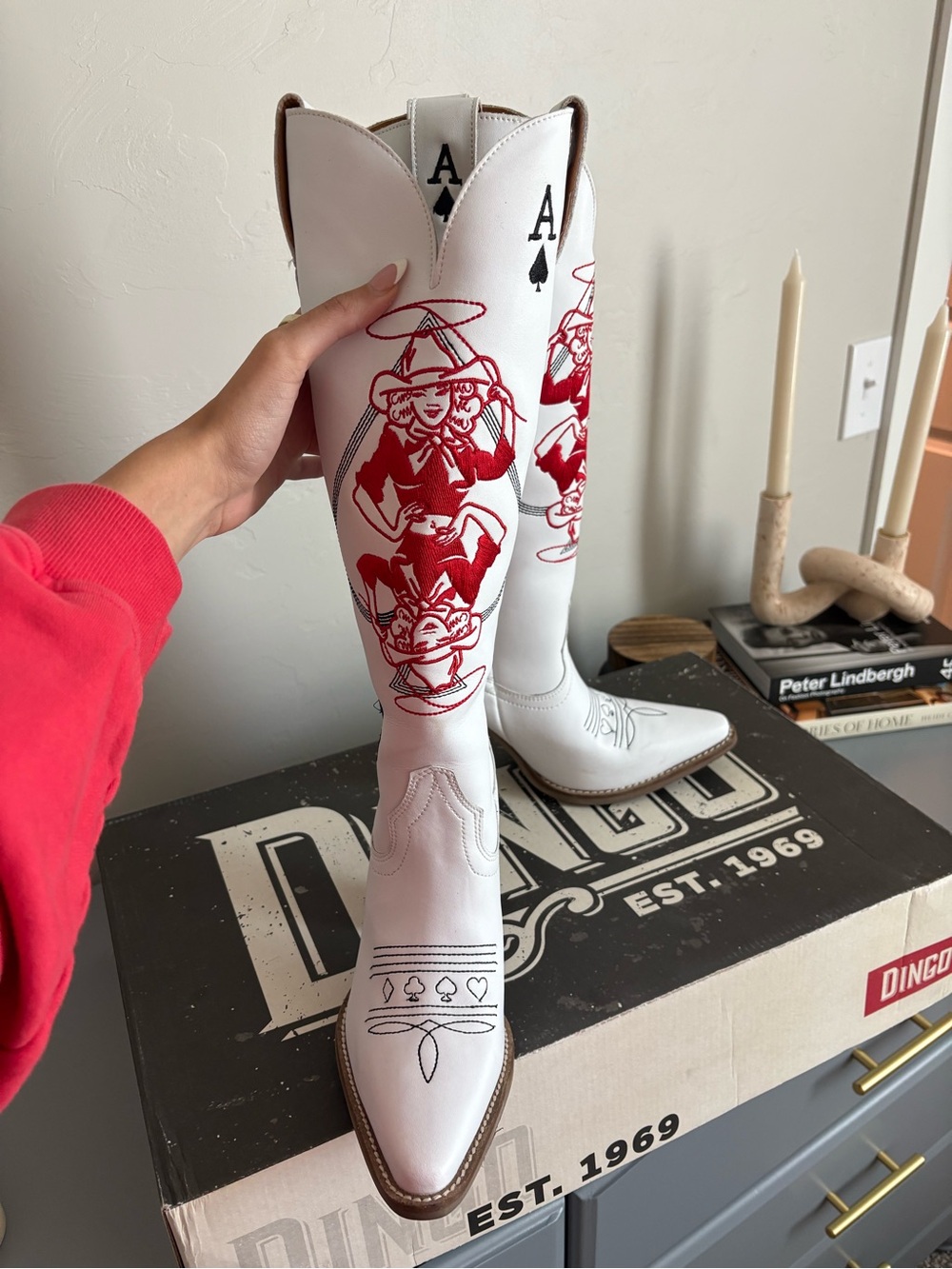 dingo White & Red Ace Embroidered Western Knee-High Boots - Picture 3 of 3
